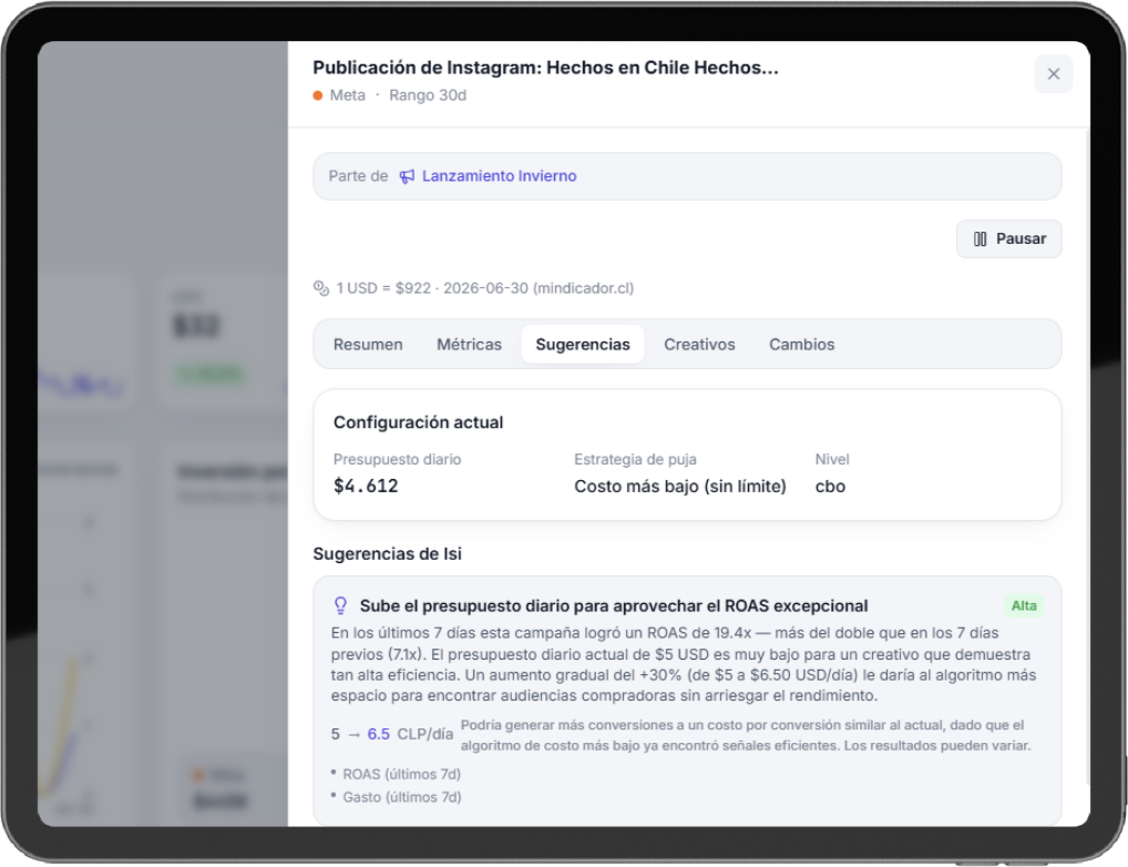 Dashboard de Ads: ROAS real combinado (Meta + Google) + panel de Isi